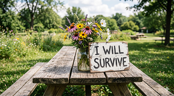Flowers on a picnic table and a sign that says I Will Survive.