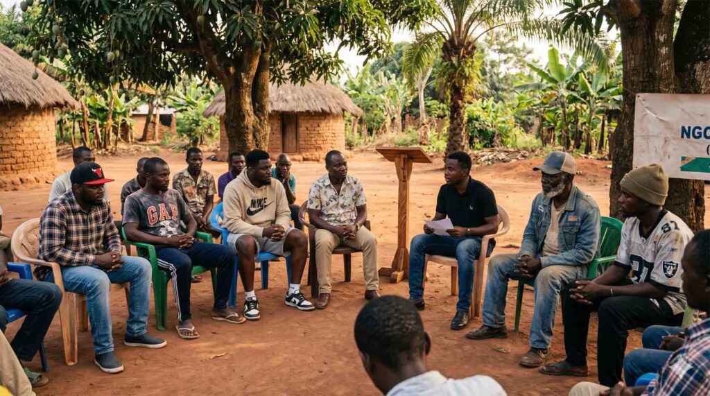 Group of Congolese men talking in a circle in a village. Image created by Gemini AI.