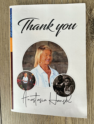 A booklet created with Anastasia's photo and a few other to say thank you for speaking.