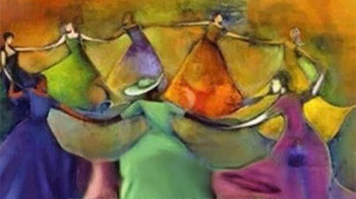 Painting of women in a circle twirling around.