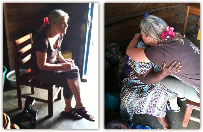 Karen listening to the story of a rape warfare victim in the Congo, then hugging her.